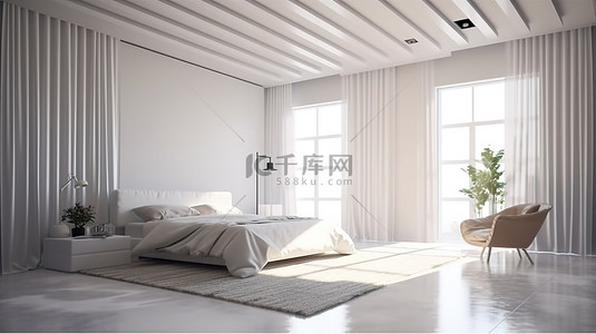 时尚简约的白色卧室室内 3D 渲染，自然光充足