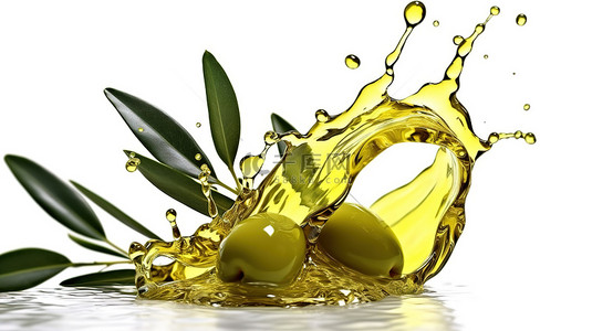背景果汁背景图片_3d 渲染的溅橄榄油隔离在白色背景