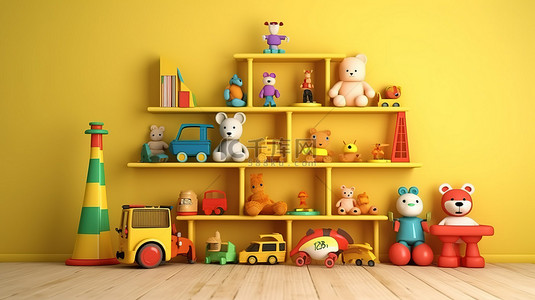儿童卧室中可爱迷人的玩具，以 3D 渲染