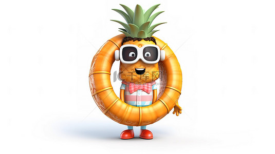 救生圈背景图片_异想天开的时髦菠萝人物，带有救生圈，以有趣的卡通时尚呈现，在白色背景上以 3D 呈现