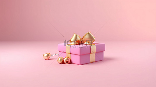 恋爱引导页背景图片_心形顶粉红色礼品盒，配有金色丝带，是购物爱好者爱情的终极象征，粉红色背景上的销售横幅增加了 3D 渲染