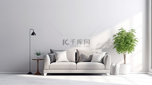 灰色布艺背景图片_白色背景模拟了别致的客厅内部，配有灰色布艺沙发和靠垫，右侧 3D 渲染上有充足的空间