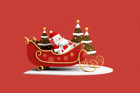 圣诞树圣诞老人雪橇红色背景png