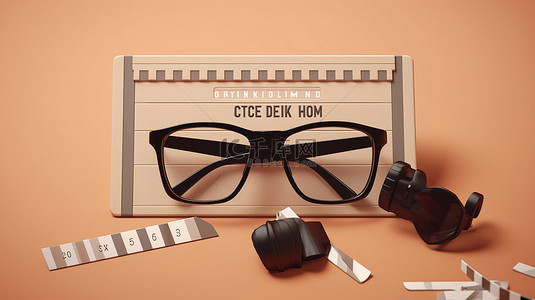 米色棕色背景下的电影拍板和 3D 眼镜代表电影制作和娱乐业从上面
