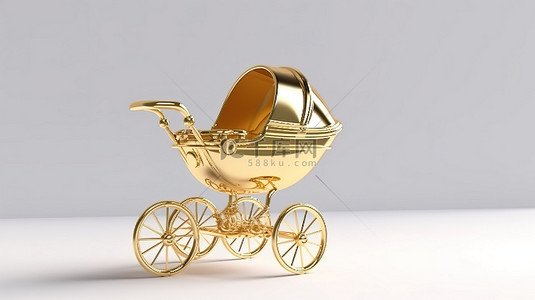 当代金奖杯和白色背景下现代婴儿车的 3D 渲染模型