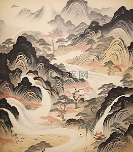 一幅亚洲绘画，背后有树木和山脉