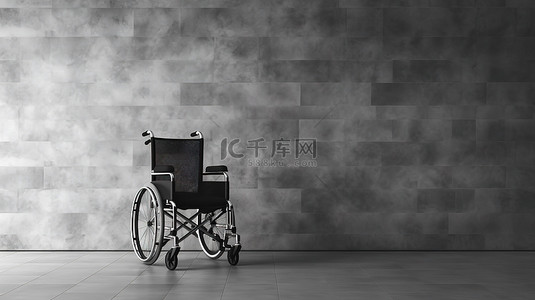 的轮椅背景图片_无人使用的轮椅靠在光滑的黑色瓷砖墙上 3d 渲染