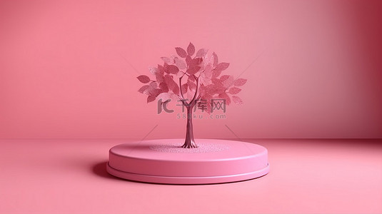美容对比背景图片_粉红色讲台，在 3D 基座上饰有粉红色树叶，与粉红色表面形成鲜明对比，非常适合化妆品广告和产品展示