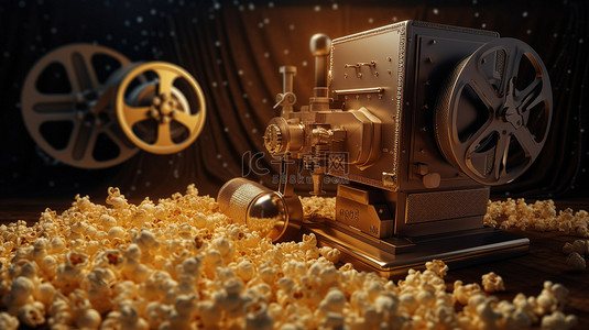 电影放映机和场记板与爆米花的 3D 渲染