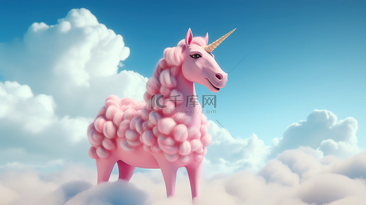 天空中可爱的粉红色独角兽的 3D 渲染图片