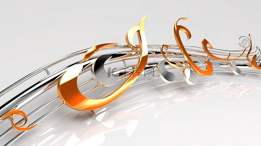 音乐音乐符号背景图片_带有音乐曲线和漩涡的白色背景的 3D 插图，具有音符和符号
