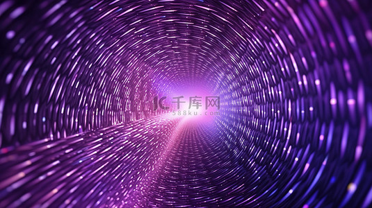 充满活力的紫色背景上动态线框的未来隧道与深波虫洞迷人的未来粒子流 3D 渲染