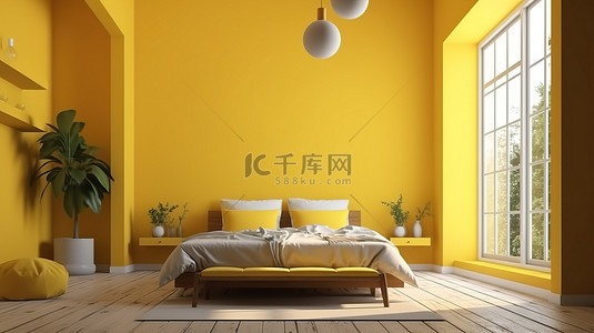 沐浴在自然光下的极简主义黄色卧室 3d 渲染