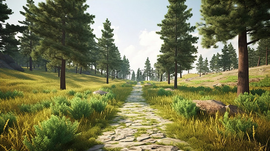 林荫背景图片_穿过草地的松树林荫小路的 3D 渲染