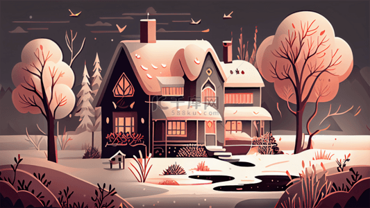 圣诞松树雪花背景图片_冬季房屋粉色背景
