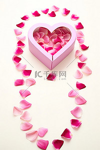一颗粉红色的心，上面有粉红色的花瓣，通向一个盒子