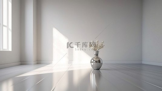 空房间的 3D 渲染，配有背光墙壁地板表面和光滑的镀铬花瓶