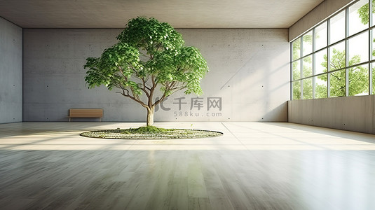 混凝土庭院内部铺有鹅卵石地板，中央树 3d 渲染