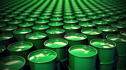 白色污染的背景图片_排列成阵列的堆叠绿色汽油桶的 3D 渲染图