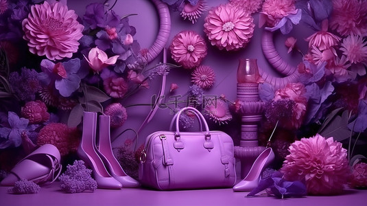 连衣裙女人背景图片_花卉幻想晚装配饰和美容产品在 3D 紫色色调中漂流