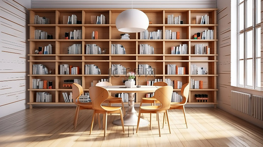 图书馆内部的 3D 渲染，配有书架桌子和椅子