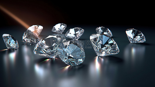 闪闪发光的钻石排列在光滑有光泽的表面 3D 渲染上