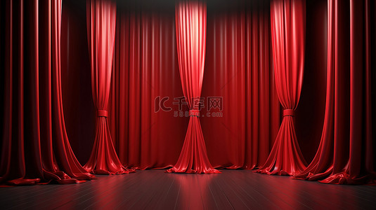 红色舞台窗帘背景图片_3d 渲染中封闭的红色舞台窗帘的逼真插图