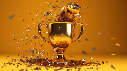 金色奖杯的 3D 渲染，在闪亮的金色背景上洒满了掉落的五彩纸屑