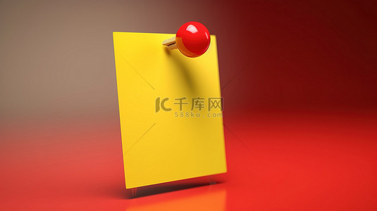 3D 渲染红色图钉在阳光明媚的黄色便签上，用于您的假期计划