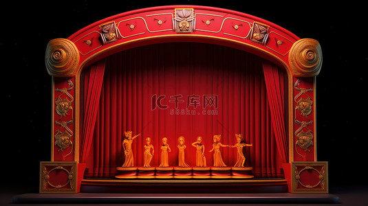 3d 红色窗帘上带讲台和电影院装饰的剧院标志