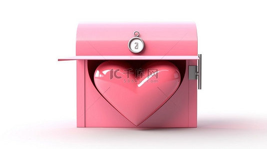 邮箱签名背景图片_心形门粉红色邮箱的 3D 插图，里面有信封，隔离在白色背景上
