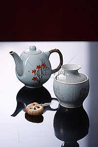 小玻璃瓶子背景图片_桌上的小日本茶壶和风扇
