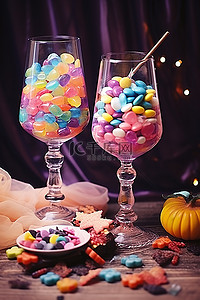 糖果和女巫服装的酒杯