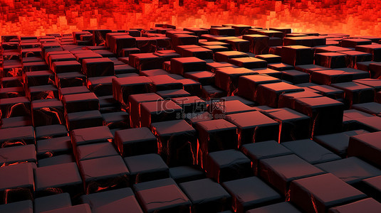 红色地板背景与黑色三维立方体全景