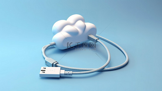 USB 电缆连接到背景 3D 渲染中的云白色空间