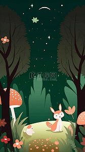 可爱的小狐狸蘑菇森林树卡通背景简单背景