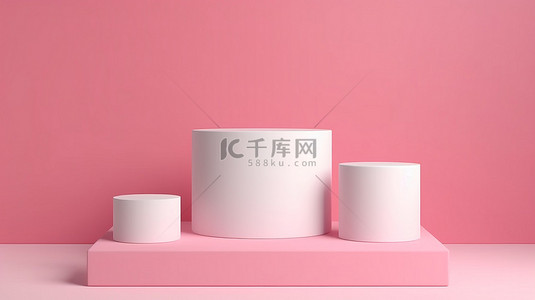 小狗爪子背景图片_3D 渲染产品展示粉红色背景，带有白色圆柱形讲台显示屏