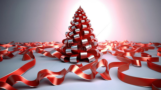 圣诞节圣诞树元素背景图片_3d 渲染的圣诞树，节日背景上有红丝带