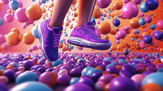 紫色跑步背景图片_色彩缤纷的运动器材和跑鞋，周围环绕着 3D 呈现的紫色背景上充满活力的球