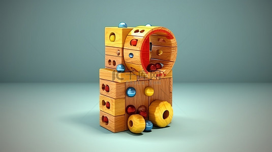 3D 渲染由木制 & 符号制成的儿童玩具字母块