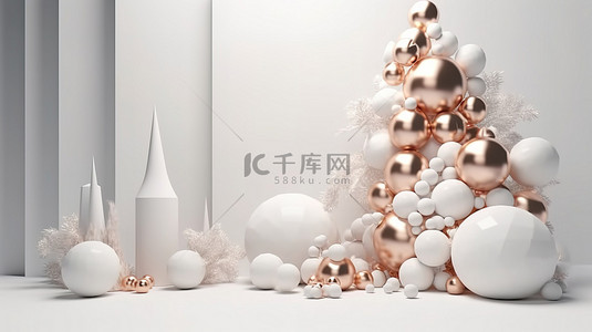 简约的白色场景圣诞树铜球和 3D 渲染中的几何形状
