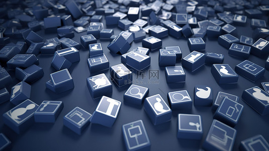 方形徽标背景图片_蓝色垂直背景，带有大量 3D 渲染的 facebook 方形徽章和类似图标