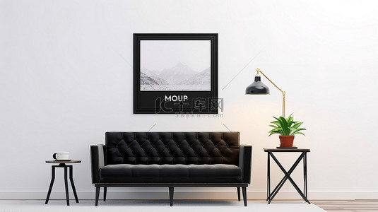 黑色椅子背景图片_黑色椅子和咖啡桌的 3D 渲染，白墙上有水平海报框架模型