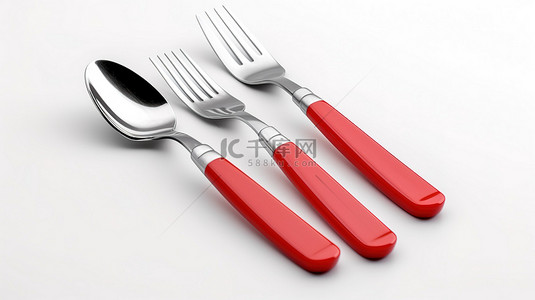 单色扁平红色餐具套装，白色背景上带有 3D 图标