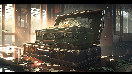 纸币背景图片_3d 插图中装满钱的手提箱