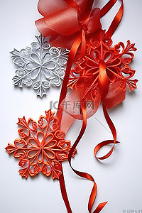 单联装饰画背景图片_银色的圣诞节装饰着五片红色的雪花和红色的丝带