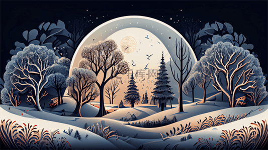 蓝色树林背景图片_冬季雪景创意插画背景