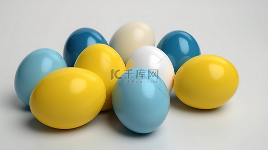 四月问候背景图片_以白色背景上的黄色和蓝色鸡蛋为特色的复活节主题 3D 渲染