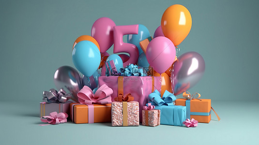 礼物模板背景图片_用充满活力的气球和令人兴奋的 3D 礼物庆祝 55 岁生日