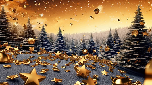节日背景星顶冷杉树和金色五彩纸屑渲染在 3D